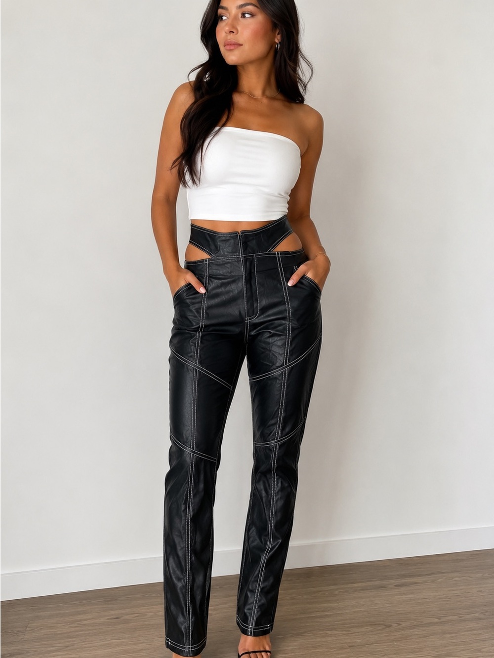 High-Waist Cutout Straight Leg Pants - Black